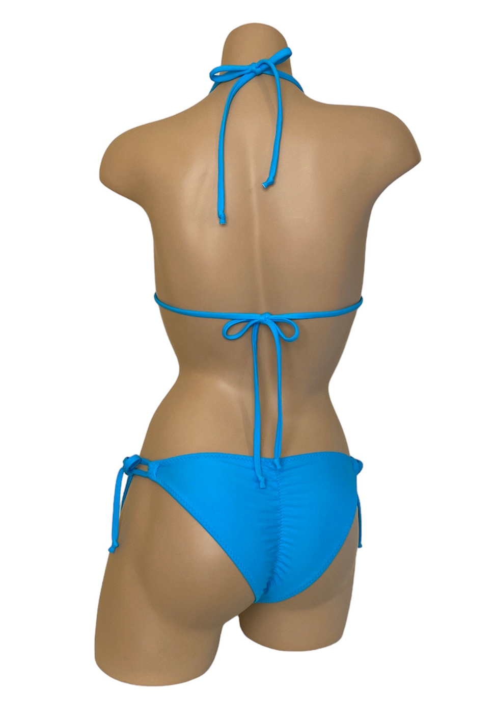 Low waist looped side ties ruched back Lucia bikini bottoms with loop detail triangle bikini top in turquoise back view