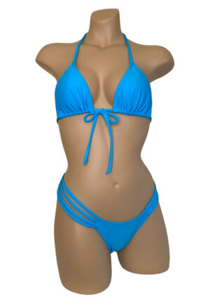High cut strappy sides ruched back bikini bottoms with triangle bikini top in turquoise