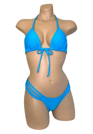 High cut strappy sides ruched back bikini bottoms with triangle bikini top in turquoise front view