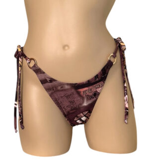 High hip, tie side, ruched back bikini bottoms with gold side rings in graffiti print
