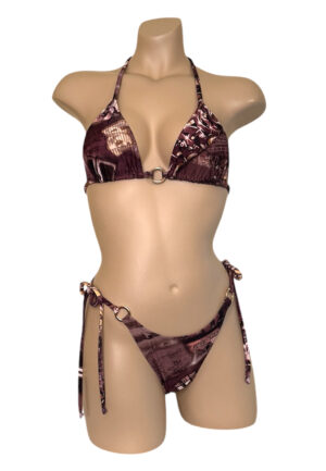 High cut tie side ruched back bikini bottoms with gold side rings and triangle bikini top in brown tone graffiti print