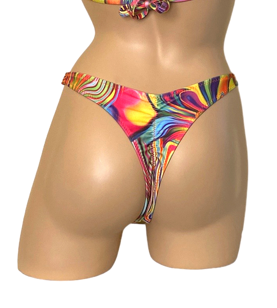 High cut super cheeky bikini bottoms in a retro vibe print back view