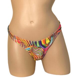 High cut super cheeky bikini bottoms in a retro vibe print front view