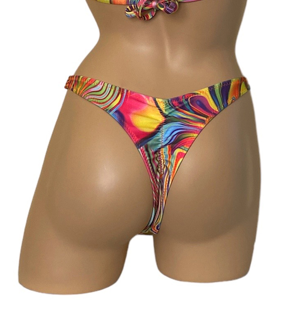 High cut super cheeky bikini bottoms in a retro vibe print back view