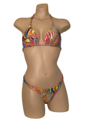 High cut super cheeky bikini bottoms and triangle top in a retro vibe print