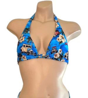 Double strap halter style bikini top in vintage hawaii floral print front view