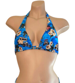 Double strap halter style bikini top in vintage hawaii floral print front view