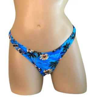 High cut cheeky bikini bottoms in vintage hawaii floral print front view