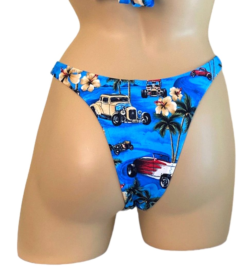 High cut cheeky bikini bottoms in vintage hawaii print back view