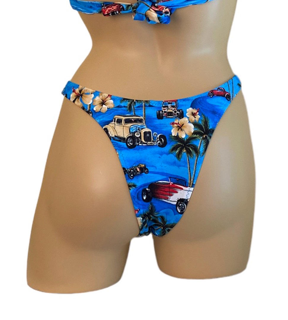 High cut cheeky bikini bottoms in vintage hawaii print back view