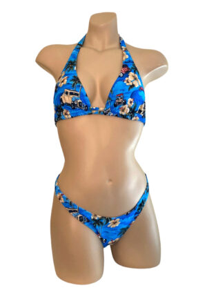 High cut cheeky bikini bottoms and double strap halter bikini top in Vintage Hawaii floral print front view