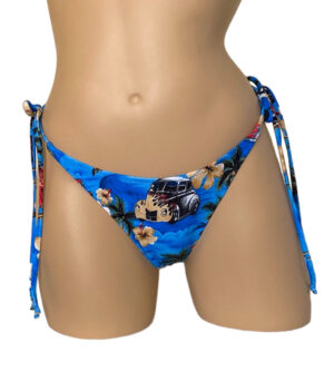 High cut tie side ruched back bikini bottoms in vintage hawaii print
