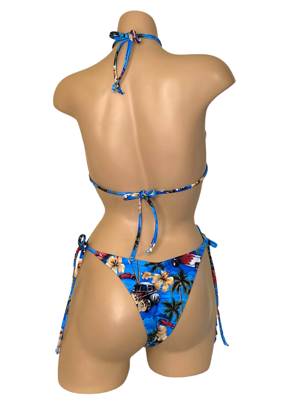High hip tie side ruched back bikini bottoms with triangle bikini top in vintage hawaii print back view