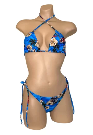 High cut, tie side, ruched back bikini bottoms with triangle bikini top in vintage hawaii floral print front view