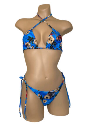 High hip tie side ruched back bikini bottoms with triangle bikini top in vintage hawaii print