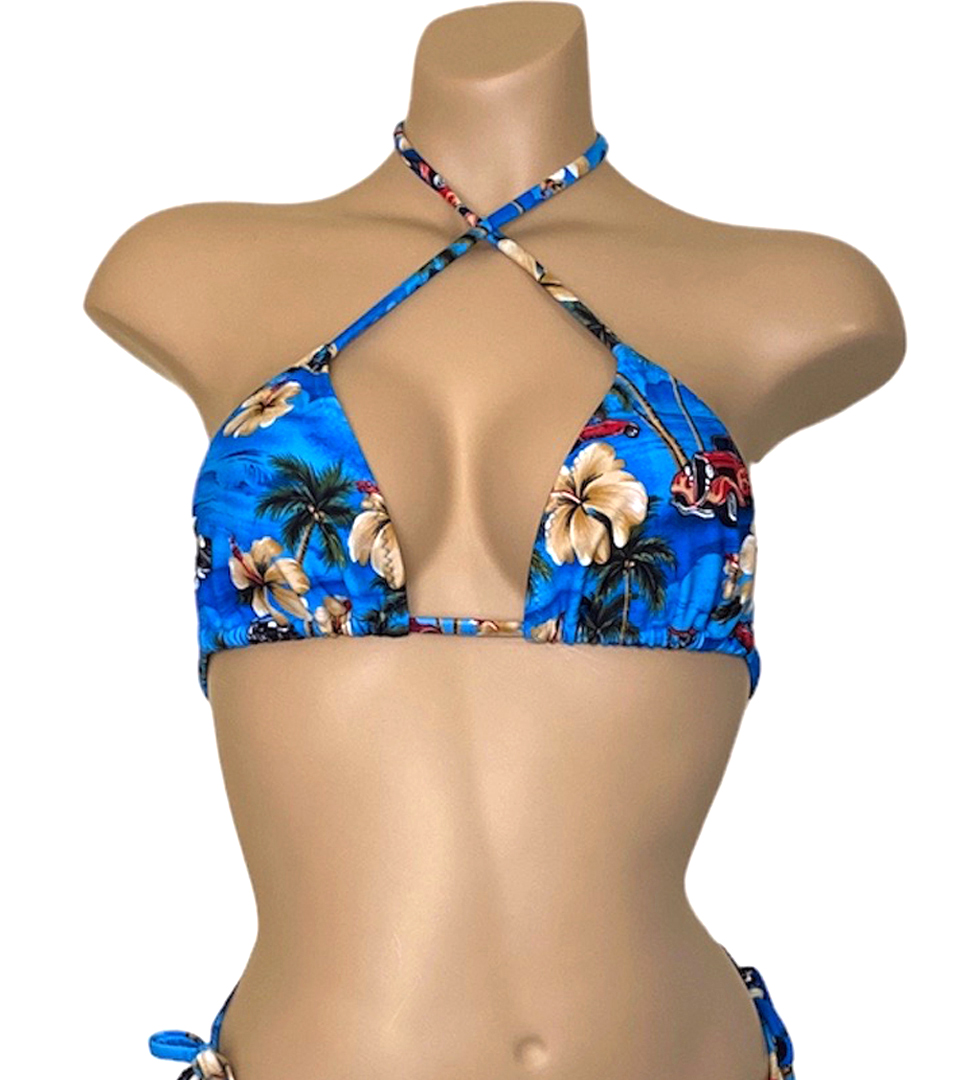 Triangle bikini top in vintage hawaii floral print front view