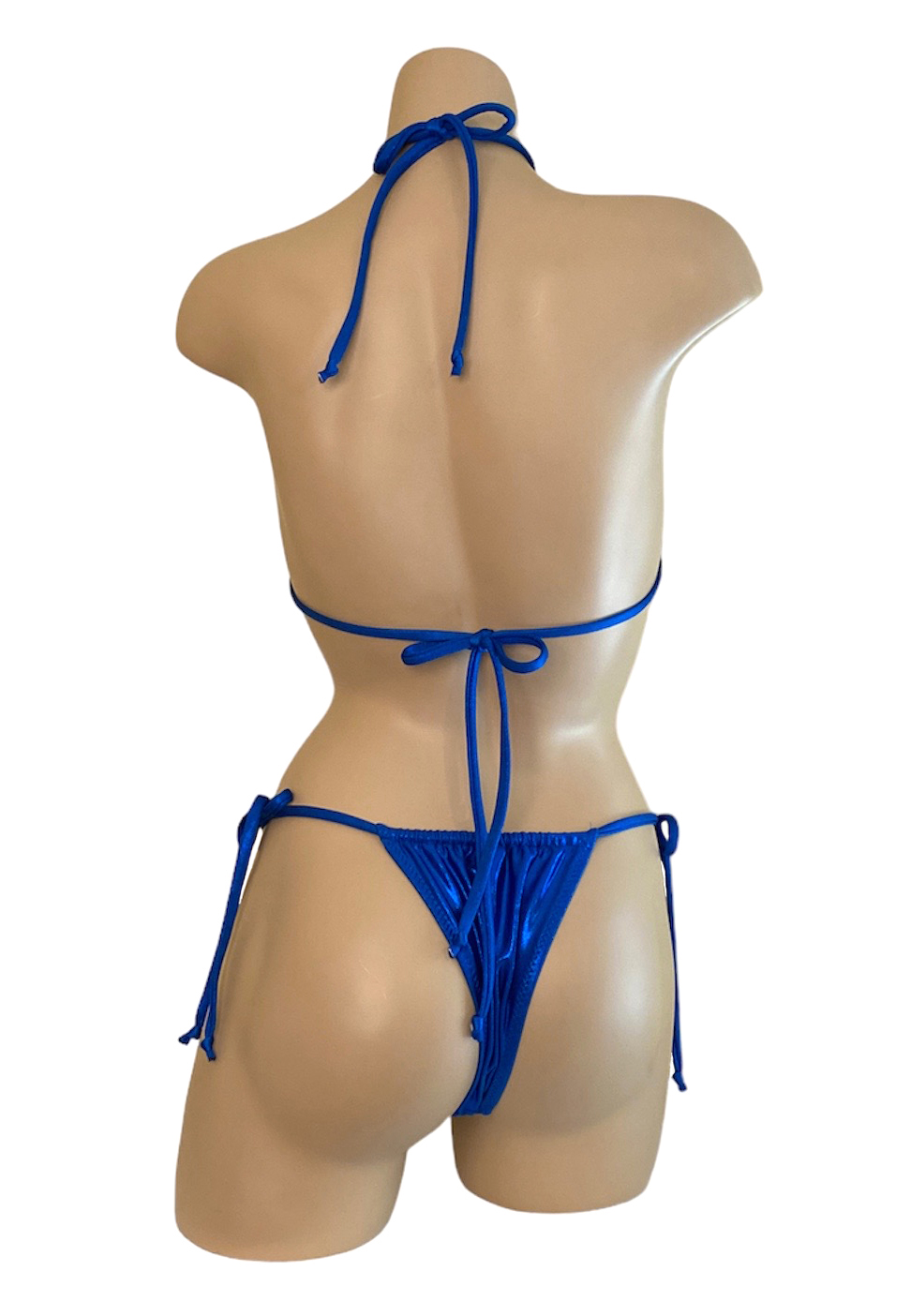 Adjustible slider tie side cheeky bikini bottoms and triangle top in bright blue shimmery fabric back view