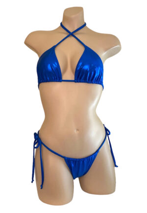 Adjustible slider tie side cheeky bikini bottoms and triangle top in metallic blue front view