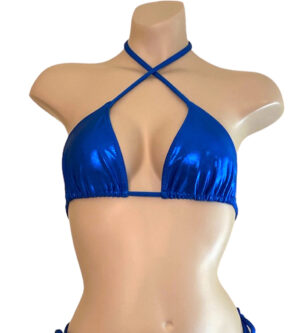 Triangle bikini top in metallic blue front view