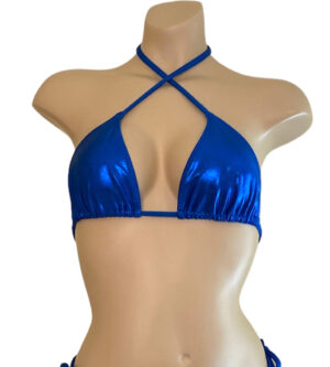 Triangle bikini top in metallic blue cross neck