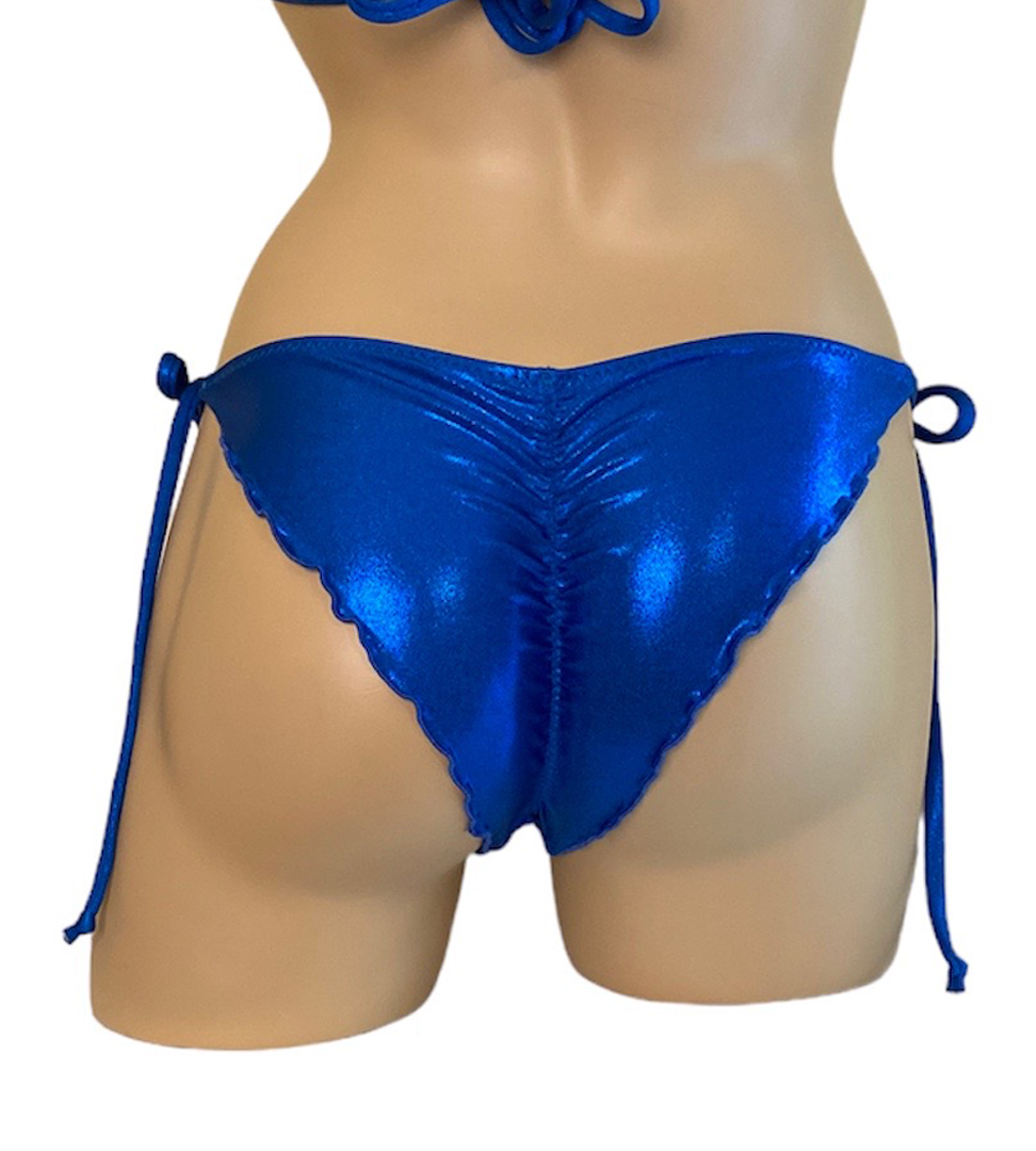 Low waist wavy ruched back cheeky tie side bikini bottoms in bright blue shimmery fabric back view