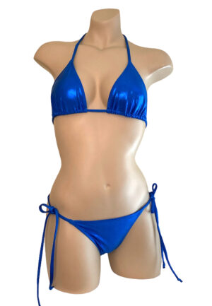 Low waist wavy ruched back tie side bikini bottoms and triangle top in bright blue shimmery metallic fabric front view