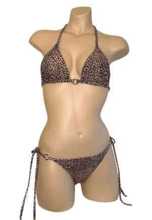Low waist tie side cheeky bikini bottoms with gold ring detal and triangle top with gold center ring in cheetah print