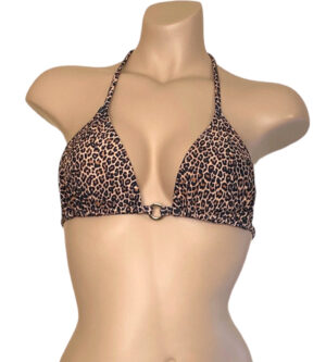 triangle bikini top with gold ring detail at center in cheetah print front view