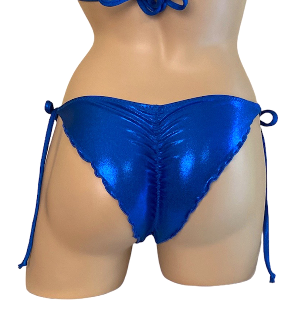 Low waist wavy ruched back cheeky tie side bikini bottoms in metallic blue back view