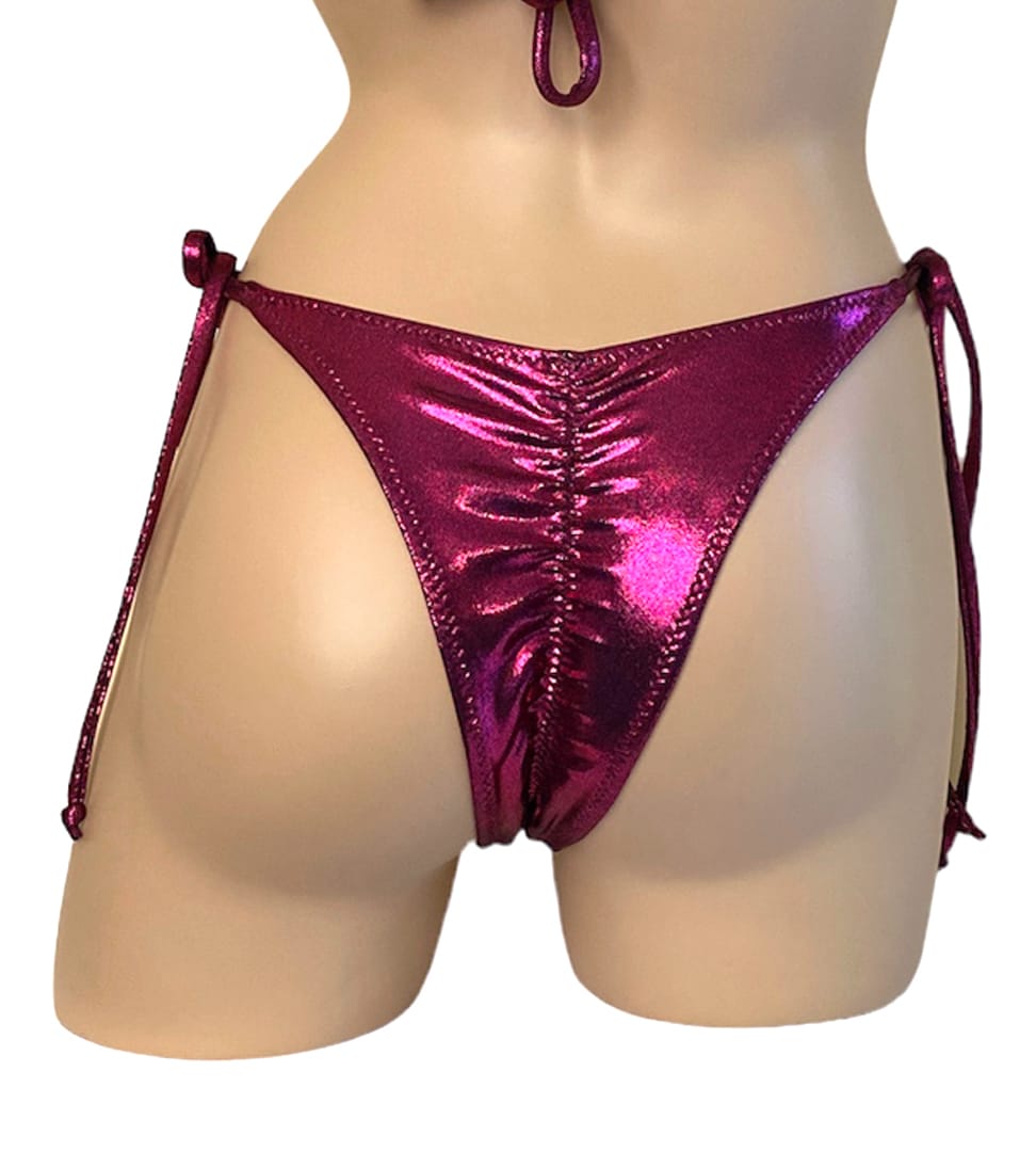 High cut tie side ruched back bikini bottoms in metallic claret back view