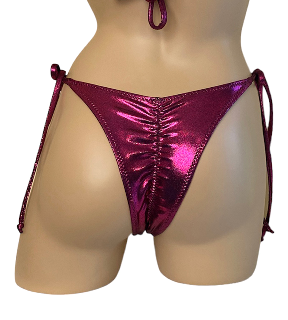 High cut tie side ruched back bikini bottoms in claret back view