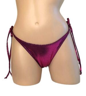 High cut tie side ruched back bikini bottoms in metallic claret front view