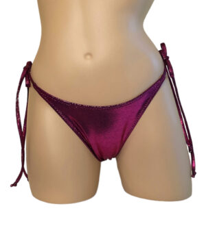 High cut tie side ruched back bikini bottoms in metallic claret