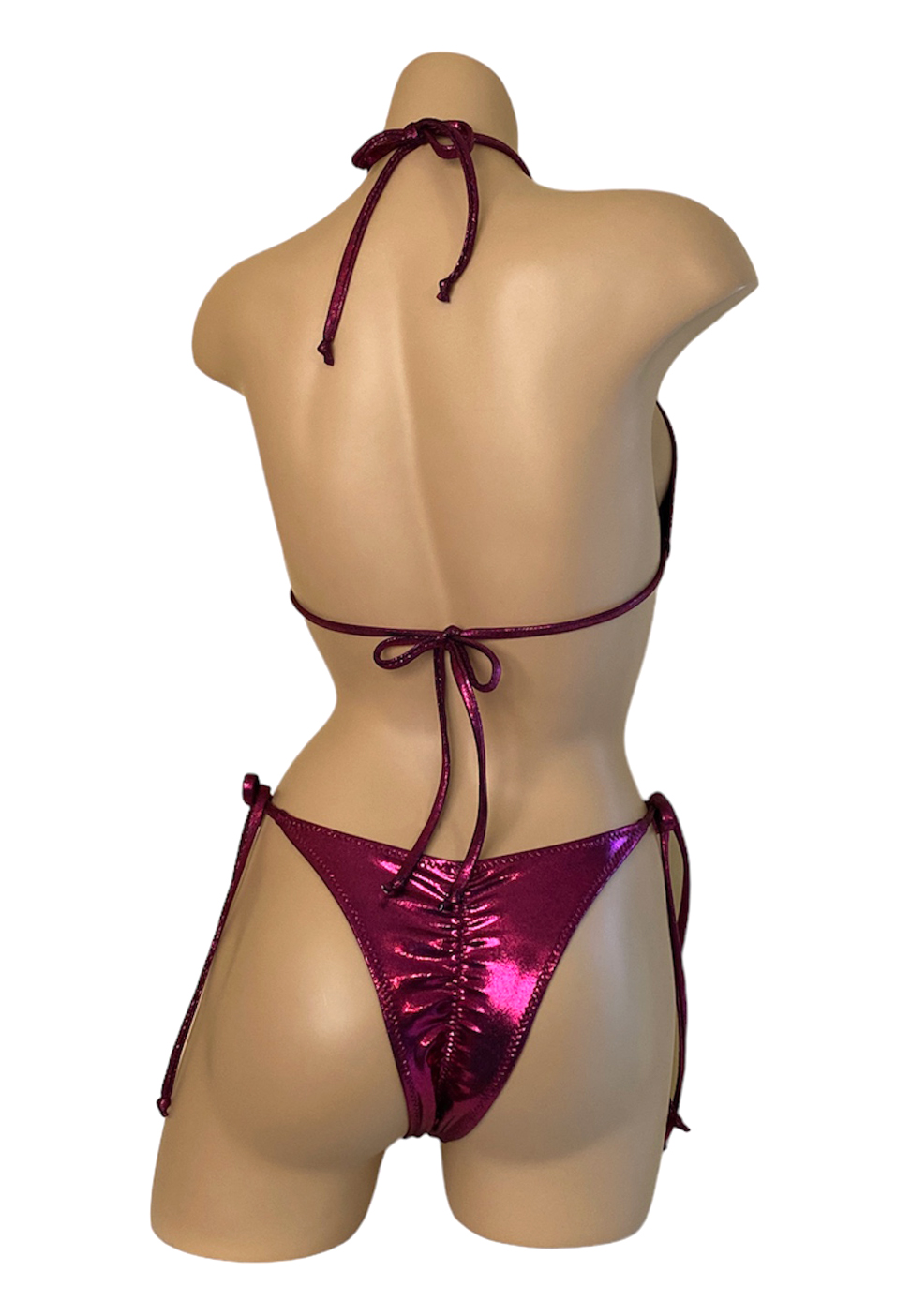 High cut tie side ruched back bikini bottoms and triangle top in claret back view