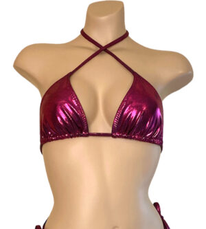 Triangle bikini top in metallic claret front view