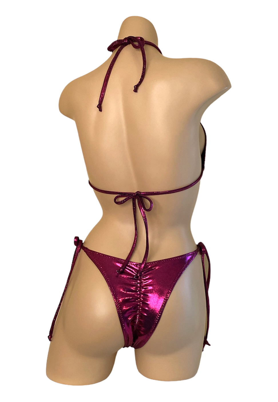High cut tie side ruched back bikini bottoms and triangle top in metallic claret back view
