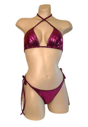 High cut tie side ruched back bikini bottoms and triangle top in metallic claret front view