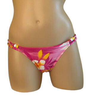Low waist, double side strap, beaded, ruched back Kalani bikini bottoms in Tropical pink print