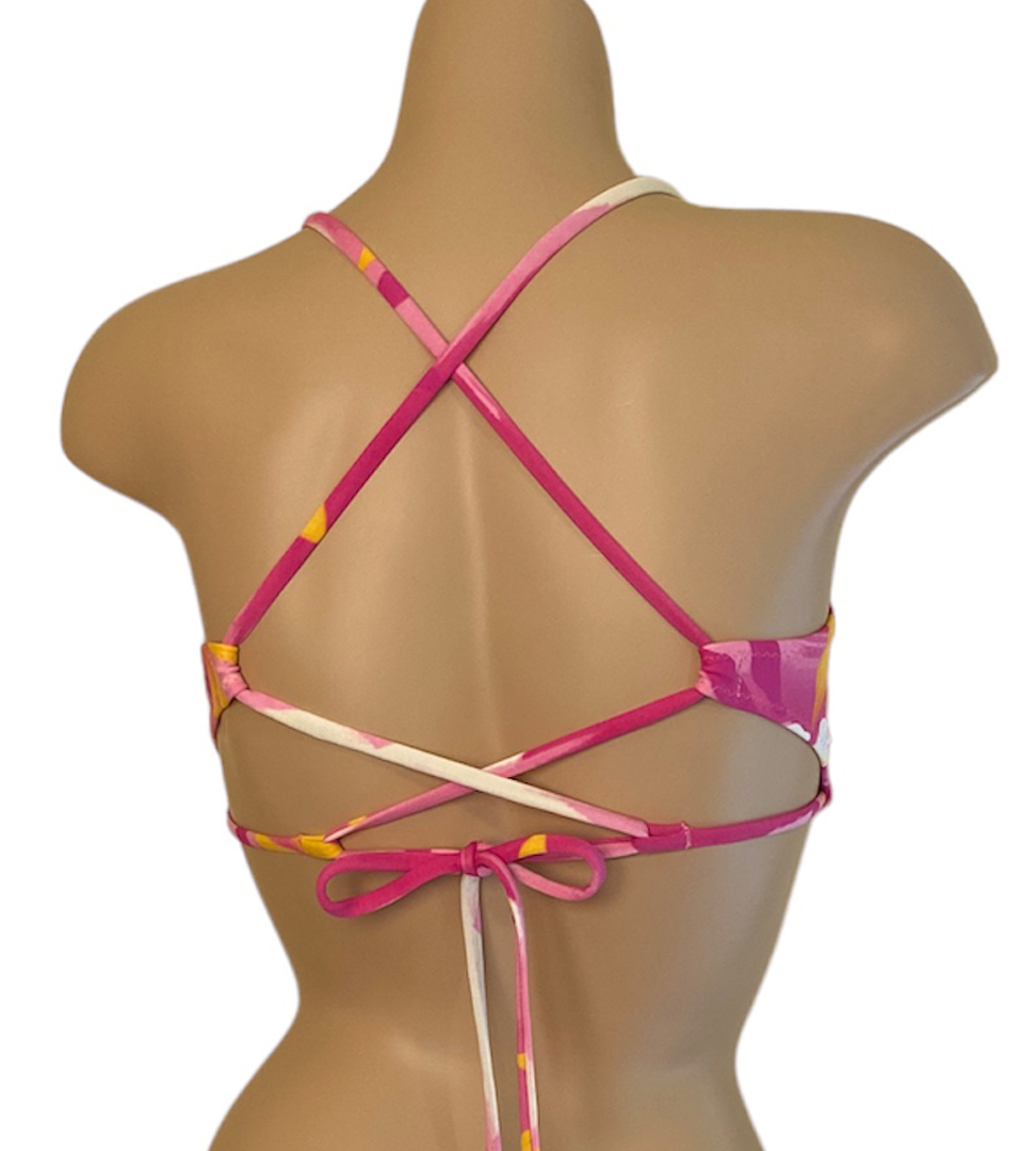 Peek-a-boo cross back, adjustable, beaded bikini top in Tropical Barbie print back view