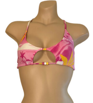Peek-a-boo cross back, adjustable, beaded bikini top in Tropical pink print