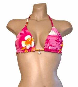 Reversible triangle bikini top in tropical pink with daffodil yellow on the reverse front view