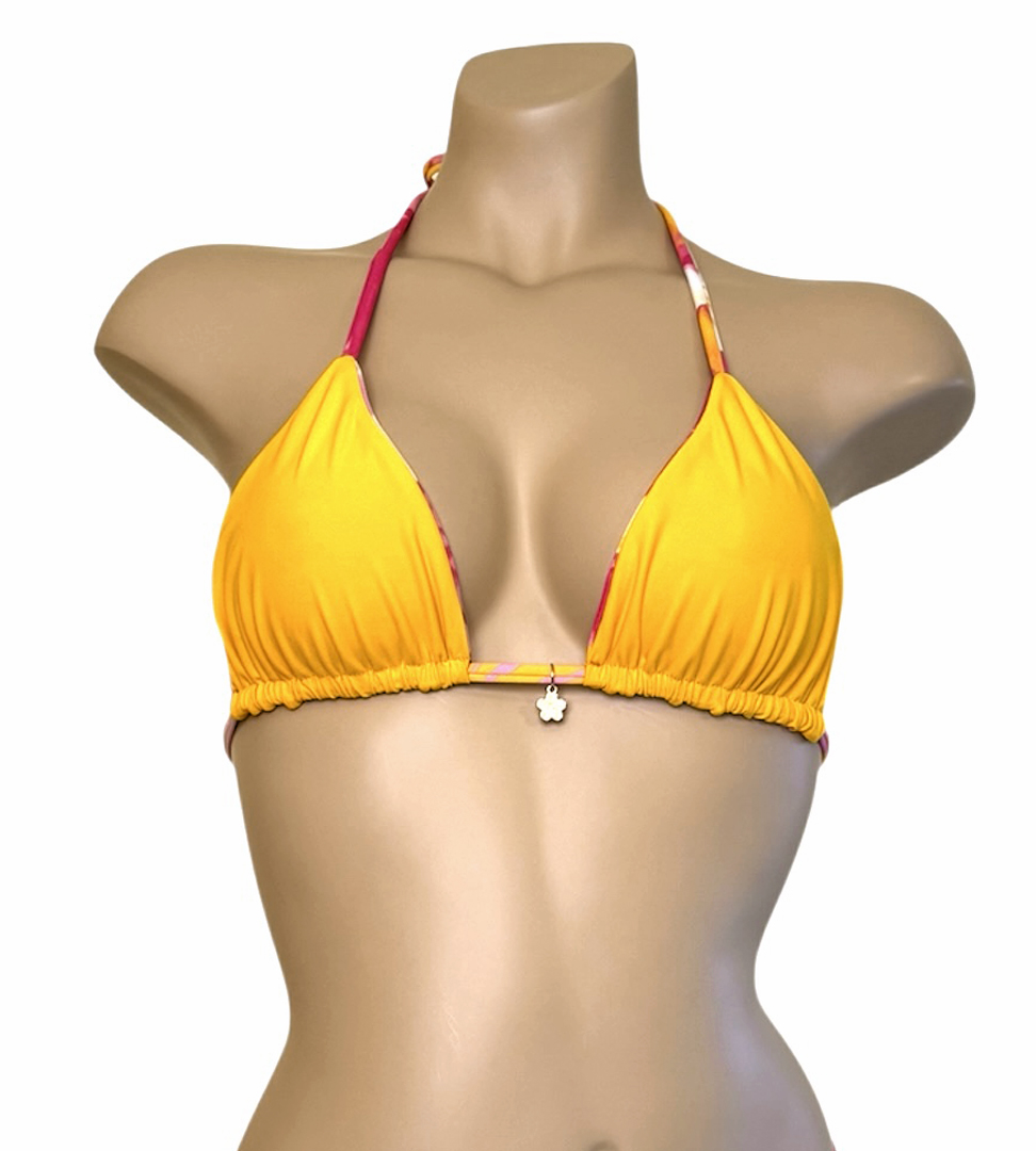 Reversible triangle bikini top in tropical pink with daffodil yellow side front view