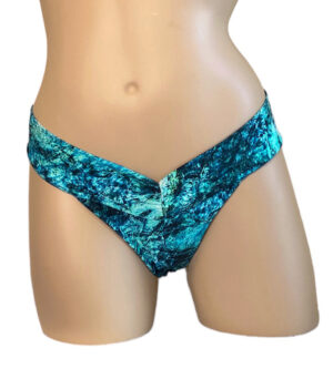 Reversible mid hip soft sided bikini bottoms in blue marble print front view