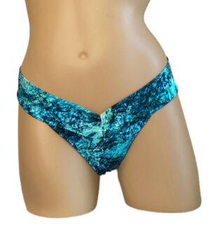 Reversible mid hip soft sided bikini bottoms in blue marble print