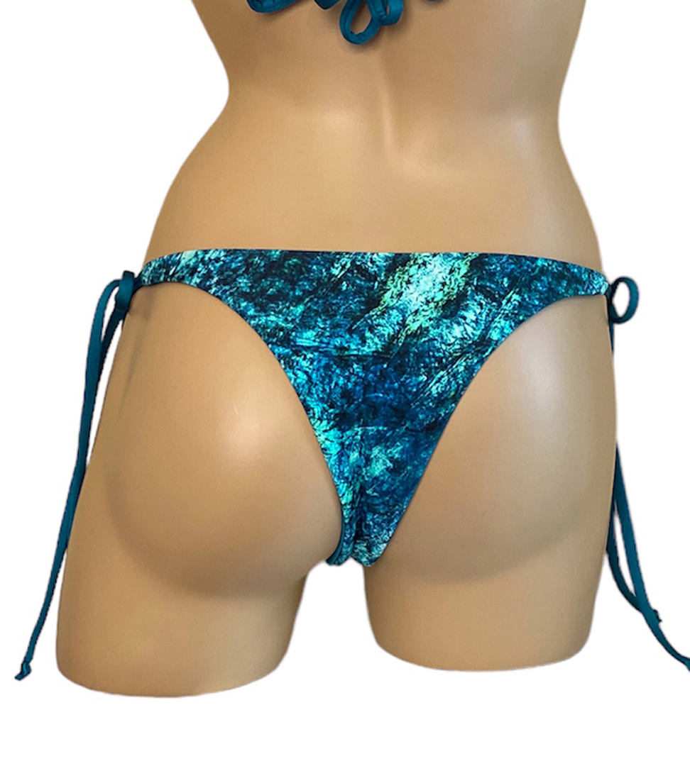 Reversible low waist tie side extra cheeky bikini bottoms in blue marble back view