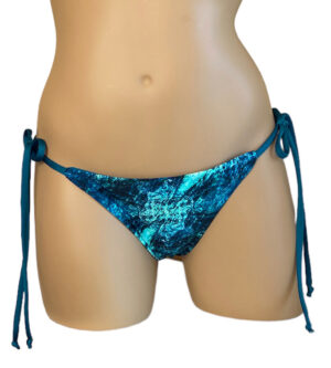 Reversible low waist tie side extra cheeky bikini bottoms in blue marble with teal on the reverse