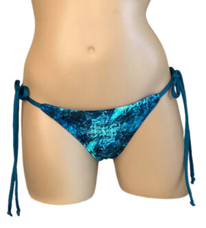 Reversible low waist tie side extra cheeky bikini bottoms in blue marble with teal front view