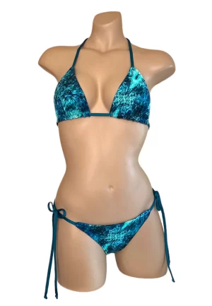 Reversible low waist tie side cheeky bikini bottoms with triangle top in blue marble print and teal front view