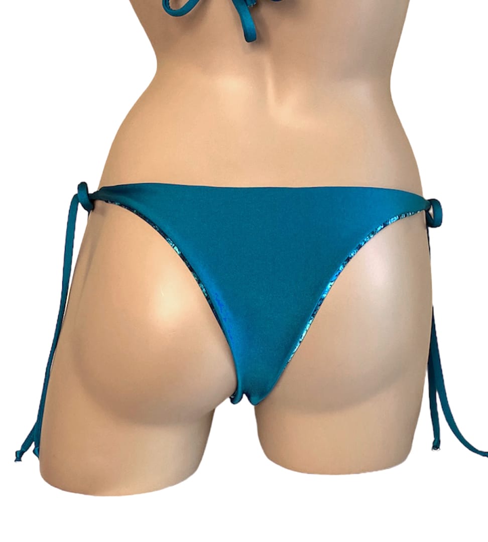 Reversible low waist tie side extra cheeky bikini bottoms in blue marble with teal back view