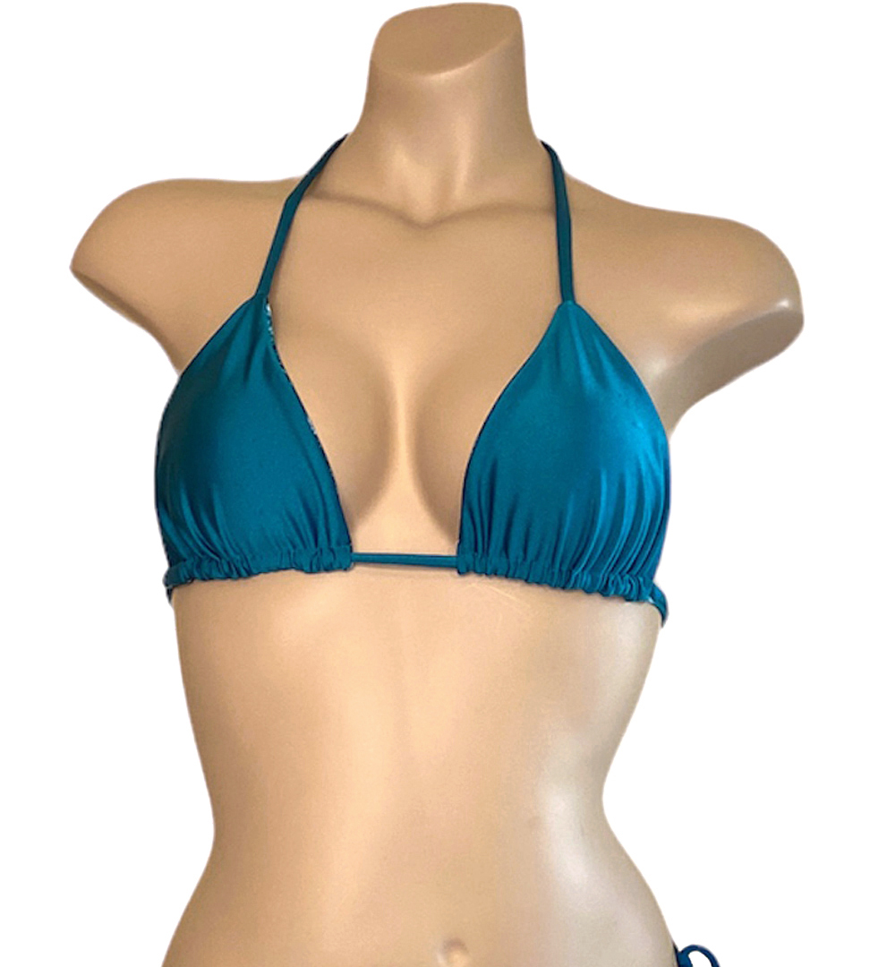 Reversible triangle bikini top in blue marble with teal on the reverse teal side front view